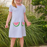 Little English classic T-shirt dress in light blue stripe with watermelon applique pockets, for little girl
