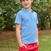 Little English traditional children's clothing. Classic royal blue striped polo for boys for Spring. Sport short in red twill. 4th of July shirt for boys