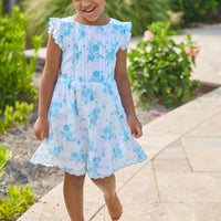 Little English classic Mila dress in blue turks floral pattern with aqua scalloped trim, for little girl