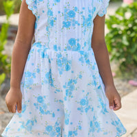 Little English classic Mila dress in blue turks floral pattern with aqua scalloped trim, for little girl