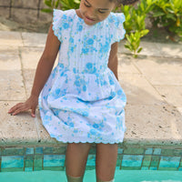 Little English classic Mila dress in blue turks floral pattern with aqua scalloped trim, for little girl