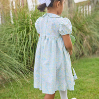 Little English traditional children's clothing. Capped sleeve peter pan dress for little girls in aqua, green, and yellow florals