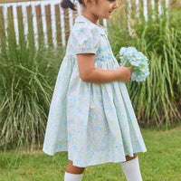 Little English traditional children's clothing. Capped sleeve peter pan dress for little girls in aqua, green, and yellow florals