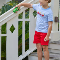 Little english classic t-shirt in light blue and white stripe with toy car applique on chest, Basic short in red twill, for little boy