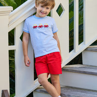 Little english classic t-shirt in light blue and white stripe with toy car applique on chest, Basic short in red twill, for little boy