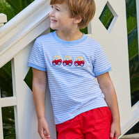 Little english classic t-shirt in light blue and white stripe with toy car applique on chest, Basic short in red twill, for little boy