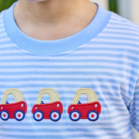 Little english classic t-shirt in light blue and white stripe with toy car applique on chest, Basic short in red twill, for little boy