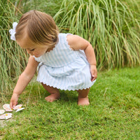 Little English traditional children's clothing. Light blue and white striped two-piece for baby girls with white ricrac trim