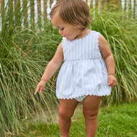 Little English traditional children's clothing. Light blue and white striped two-piece for baby girls with white ricrac trim