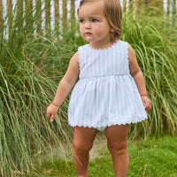 Little English traditional children's clothing. Light blue and white striped two-piece for baby girls with white ricrac trim