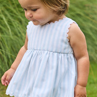 Little English traditional children's clothing. Light blue and white striped two-piece for baby girls with white ricrac trim
