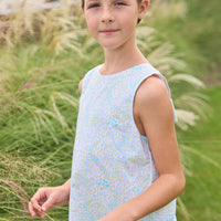 Little English traditional children's clothing. Aqua, green, and yellow floral sleeveless dress for girls