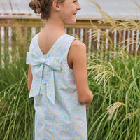 Little English traditional children's clothing. Aqua, green, and yellow floral sleeveless dress for girls