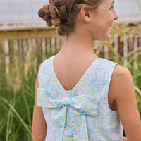 Little English traditional children's clothing. Aqua, green, and yellow floral sleeveless dress for girls