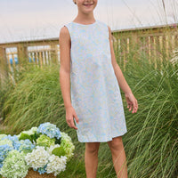 Little English traditional children's clothing. Aqua, green, and yellow floral sleeveless dress for girls