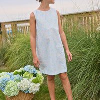 Little English traditional children's clothing. Aqua, green, and yellow floral sleeveless dress for girls