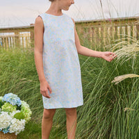 Little English traditional children's clothing. Aqua, green, and yellow floral sleeveless dress for girls