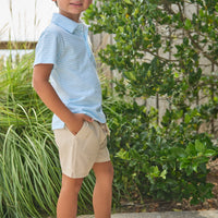 Little English classic short sleeve polo in light blue sky stripe, basic sport short in khaki, for little boy