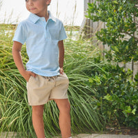 Little English classic short sleeve polo in light blue sky stripe, basic sport short in khaki, for little boy