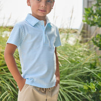 Little English classic short sleeve polo in light blue sky stripe, basic sport short in khaki, for little boy