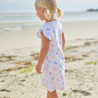 Little English classic printed angel sleeve dress with purple, pink, blue, and yellow seashells motifs and flutter sleeves, for little girl