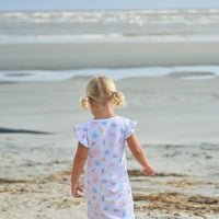 Little English classic printed angel sleeve dress with purple, pink, blue, and yellow seashells motifs and flutter sleeves, for little girl