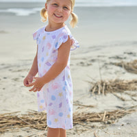 Little English classic printed angel sleeve dress with purple, pink, blue, and yellow seashells motifs and flutter sleeves, for little girl