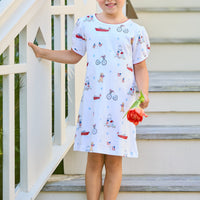 Little English classic printed T-shirt dress with puppy, flag, boat, bike, lighthouse, and star motifs for fourth of july, for little girl