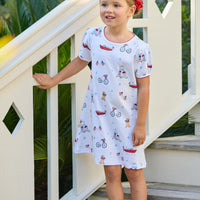 Little English classic printed T-shirt dress with puppy, flag, boat, bike, lighthouse, and star motifs for fourth of july, for little girl