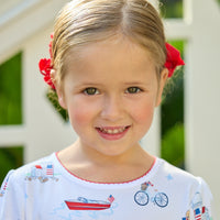 Little English classic printed T-shirt dress with puppy, flag, boat, bike, lighthouse, and star motifs for fourth of july, for little girl