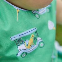 Little English traditional children's clothing. Green golf cart print bubble for baby boys.