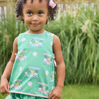 Little English traditional children's clothing. Green and pink two piece set with golf cart print for baby girls.