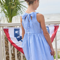 Little English traditional children's clothing. Royal blue mini gingham sleeveless dress with white ricrac trim and bow tie in back for little girls