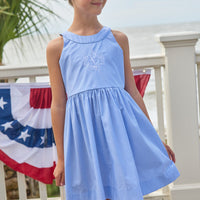 Little English traditional children's clothing. Royal blue mini gingham sleeveless dress with white ricrac trim and bow tie in back for little girls