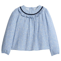 Little English classic kids clothing, soft blue floral blouse with ruffled collar and navy velvet ribbon for girls