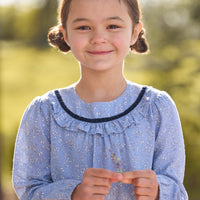 Little English girl's blue floral outfits with navy velvet details
for fall