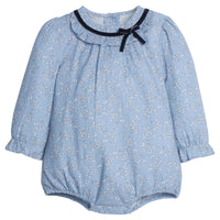 Little English classic kids clothing, soft blue baby bubble with ruffled collar and navy velvet bow for baby girls