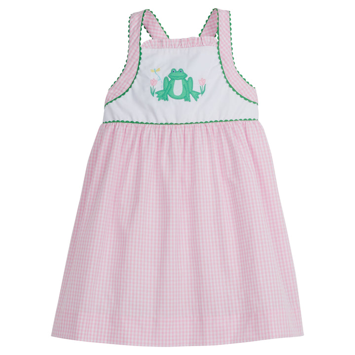 Little English traditional children's clothing, girl's classic light pink gingham dress for Spring with green scallop trim and frog applique