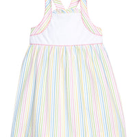 Little English traditional children's clothing. Rainbow stripe seersucker dress for toddler girl's for Spring.