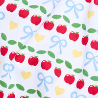 Little English traditional children's clothing. Red, blue, green, and yellow Apple Days print fabric swatch