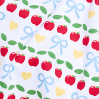 Little English traditional children's clothing. Red, blue, green, and yellow Apple Days print fabric swatch