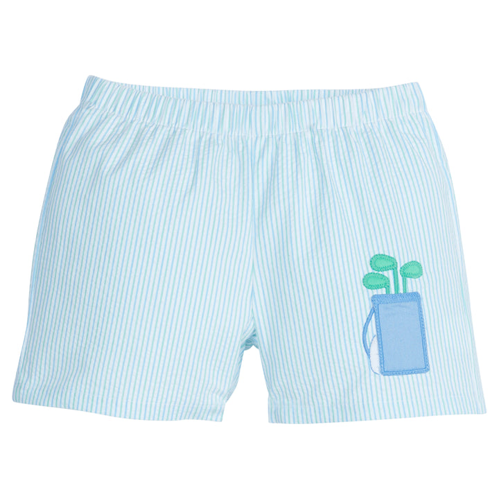 Little English traditional children's clothing, boy's basic pull-on short in blue and green seersucker with golf bag applique for Spring