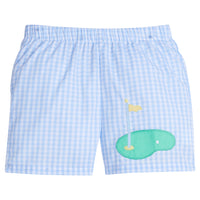Little English traditional children's clothing. Light blue and white gingham shorts with golf applique for little boys for Spring