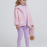Little English traditional clothing, light pink zip up hoodie with ice skate applique on pockets, striped turtleneck in lavender, leggings in lavender, for little girl