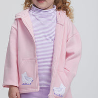 Little English traditional clothing, light pink zip up hoodie with ice skate applique on pockets, striped turtleneck in lavender, leggings in lavender, for little girl