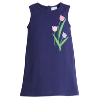 Little English traditional kids clothes, classic knit navy sleeveless dress with tulip flower applique for girls