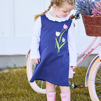 Little English traditional kids clothes, classic knit navy sleeveless dress with tulip flower applique for girls