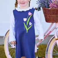Little English traditional kids clothes, classic knit navy sleeveless dress with tulip flower applique for girls