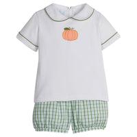 Little English classic short set for little boys. White knit peter pan shirt with applique pumpkin at the center and coordinating banded shorts in green Leland Plaid.