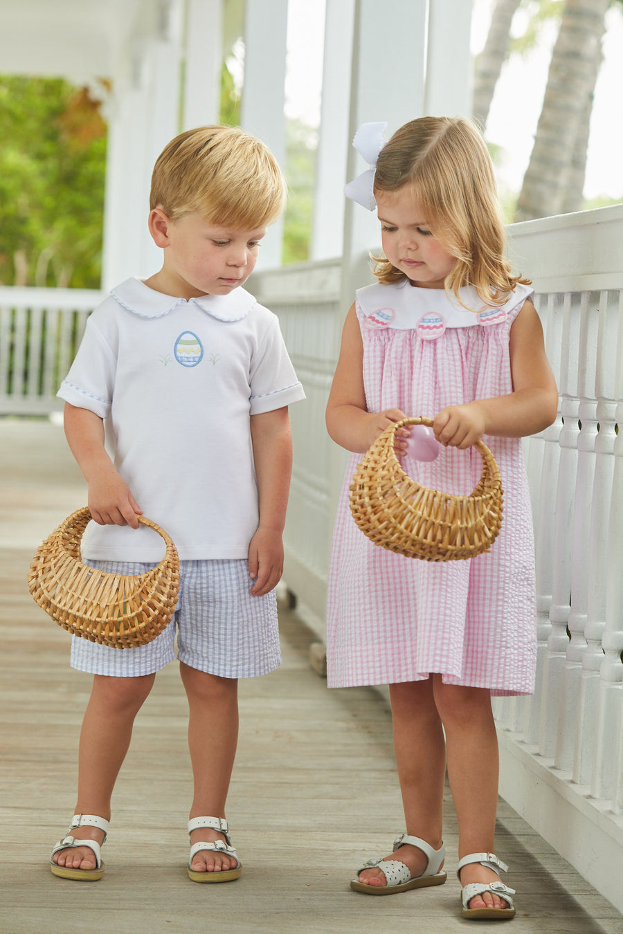 Little English classic children's clothing, boy's shirt and seersucker short set with Easter egg applique on shirt